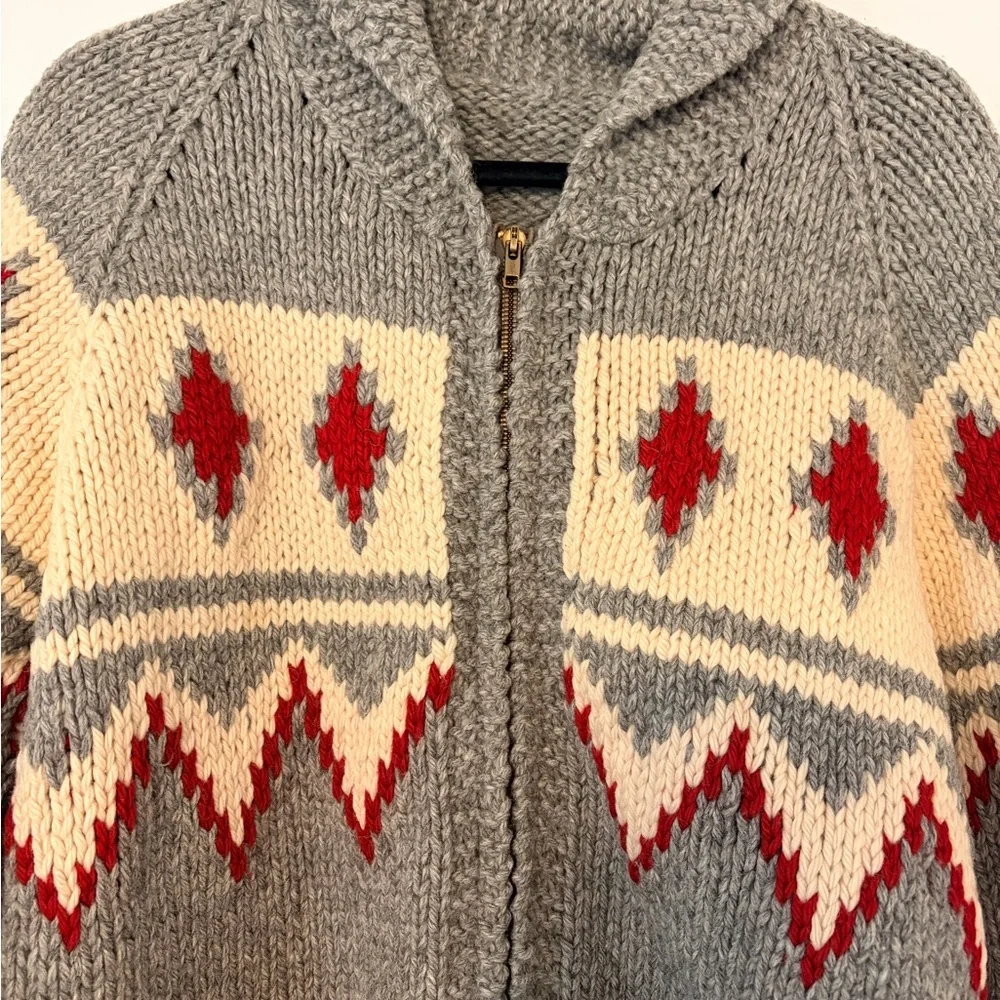 Gray Shawl Collar Zip Sweater with Red and Cream Pattern - Picture 2 of 8